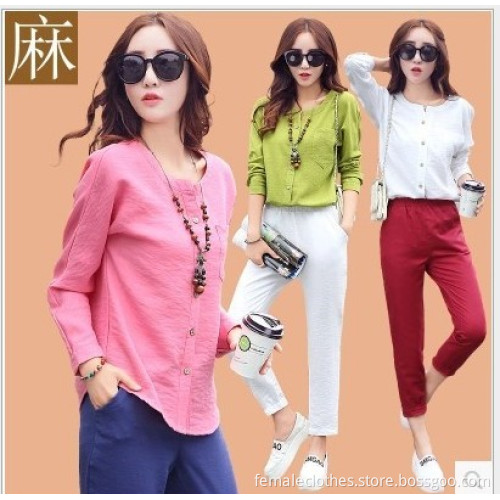 İlkbahar ve sonbahar yeni moda keten takım elbise kadın uzun kollu gömlek, uzun pantolon parça/blouse and pants